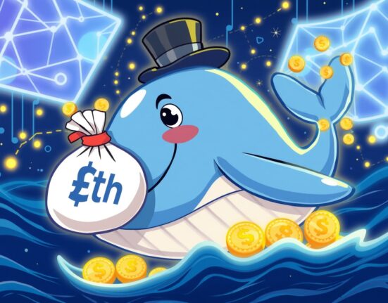 A cartoon whale making a significant ETH whale purchase, symbolizing a major cryptocurrency investment and market confidence.