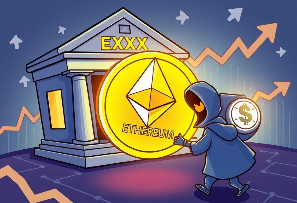 Cartoon illustration of a significant ETH withdrawal from OKX, representing the movement of Ethereum to a private wallet.