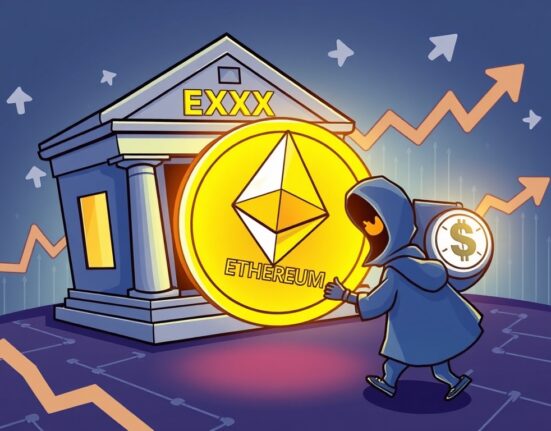 Cartoon illustration of a significant ETH withdrawal from OKX, representing the movement of Ethereum to a private wallet.