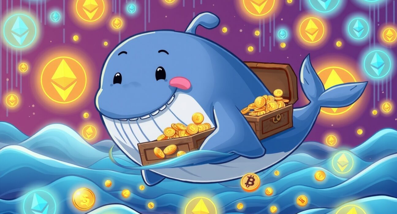 A giant cartoon whale making a massive Ethereum transaction in a vibrant digital ocean.