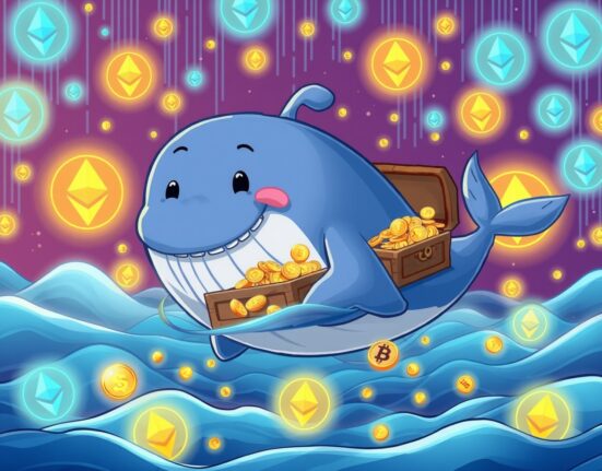 A giant cartoon whale making a massive Ethereum transaction in a vibrant digital ocean.