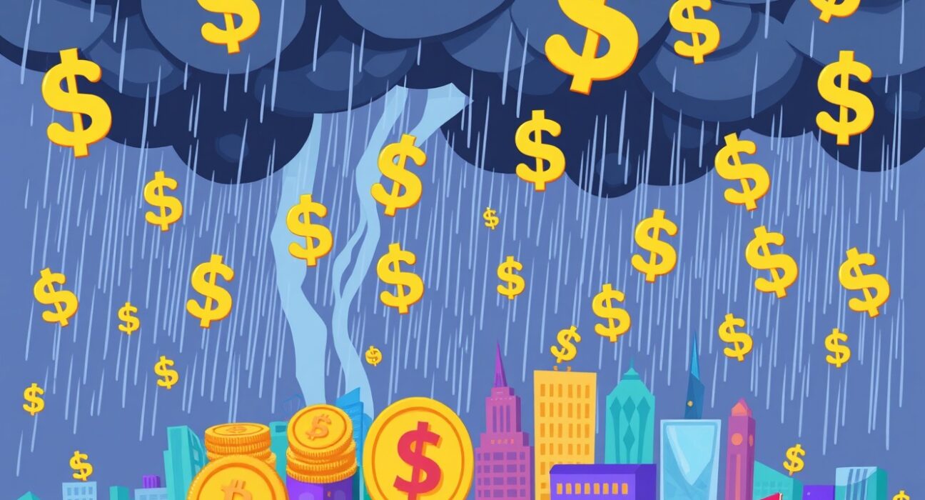 Dramatic cartoon illustration of a futures liquidated event causing a storm in the cryptocurrency market.