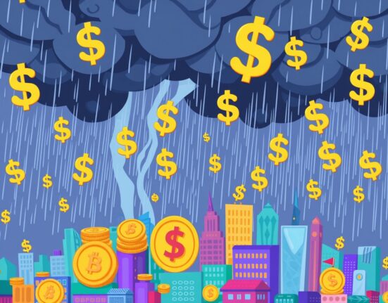 Dramatic cartoon illustration of a futures liquidated event causing a storm in the cryptocurrency market.