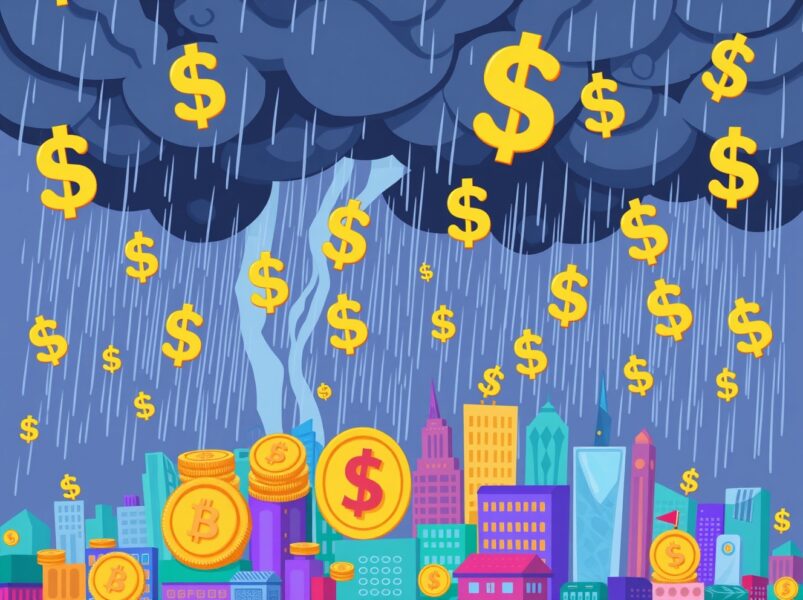 Dramatic cartoon illustration of a futures liquidated event causing a storm in the cryptocurrency market.