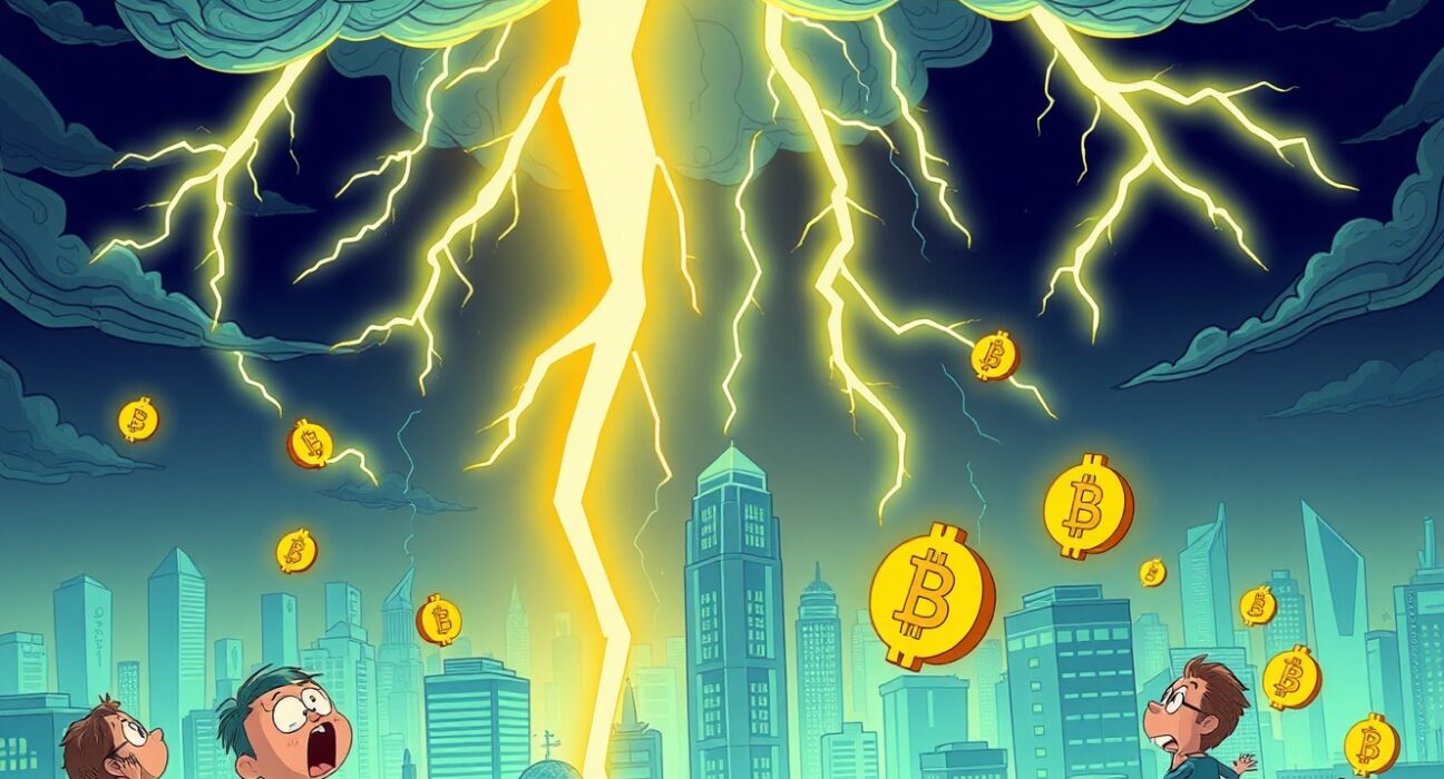 Dramatic cartoon showing futures liquidated during cryptocurrency market storm