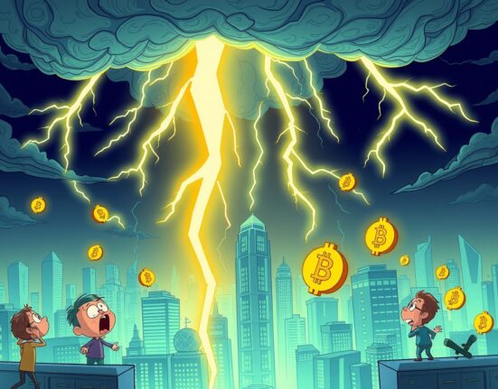 Dramatic cartoon showing futures liquidated during cryptocurrency market storm