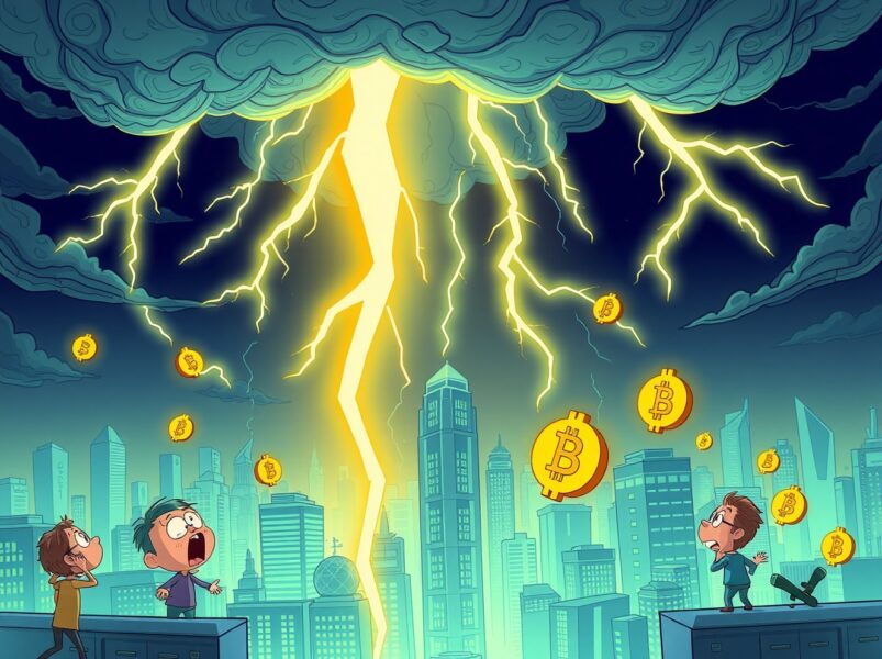 Dramatic cartoon showing futures liquidated as cryptocurrency coins cascade downward
