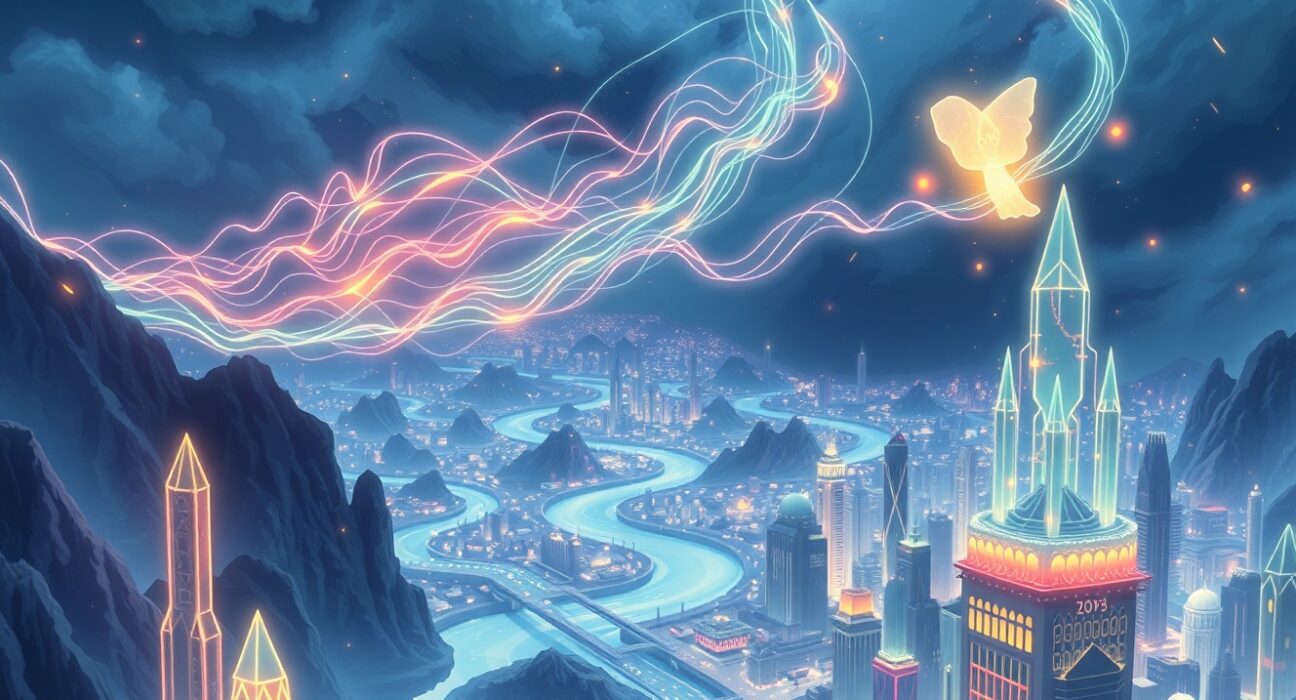 Conceptual Ghibli-style art representing the volatility and data flow during a major cryptocurrency futures liquidation event.