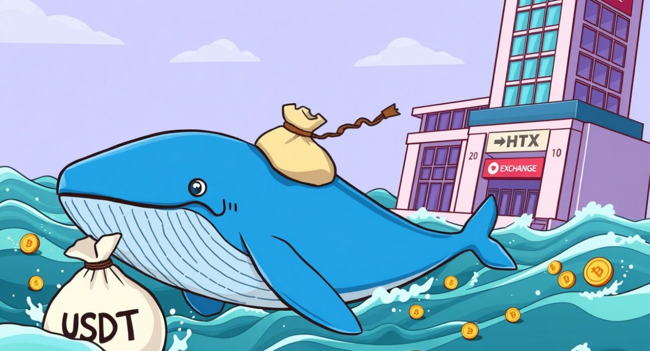 Cartoon illustration depicting a massive Large USDT Transfer from the Aave DeFi platform to the HTX exchange.