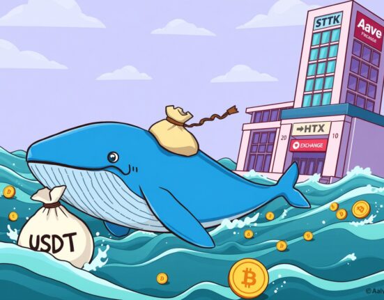 Cartoon illustration depicting a massive Large USDT Transfer from the Aave DeFi platform to the HTX exchange.