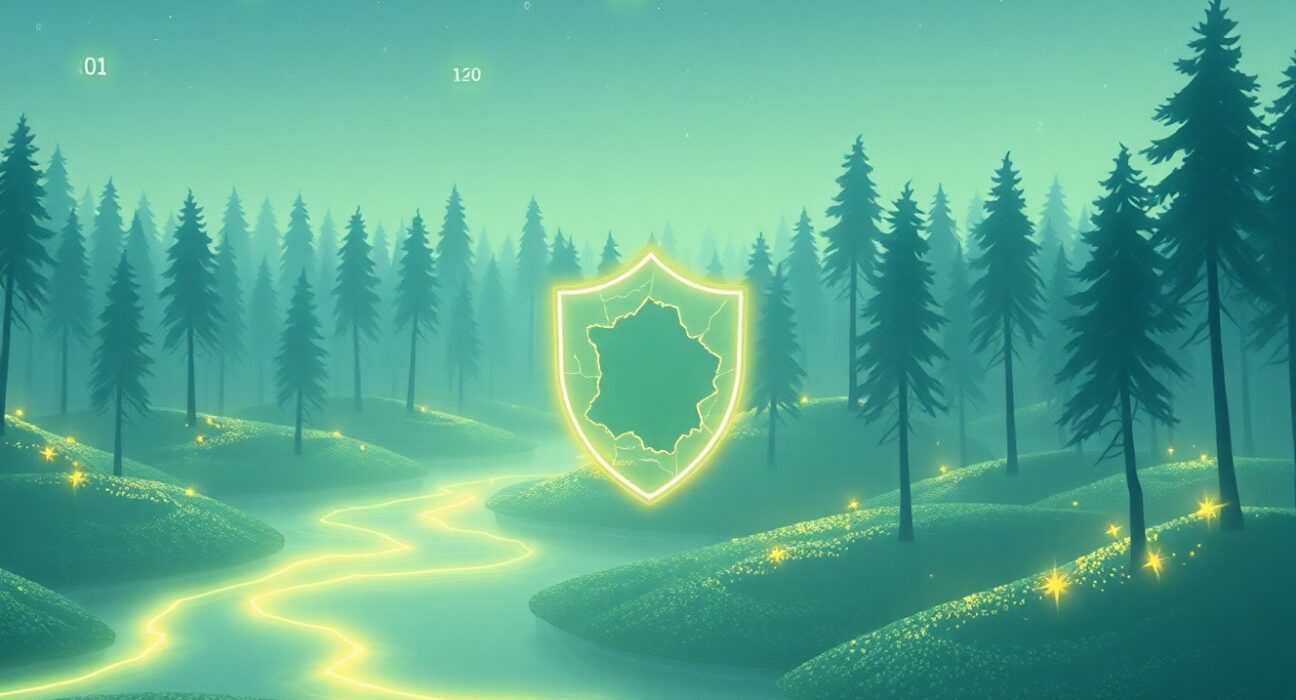 Illustration of a data breach exposing millions of login credentials in a digital landscape.