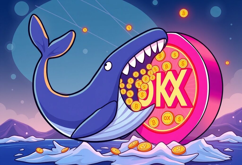 Cartoon illustration showing a crypto whale making a massive OKB transfer to the OKX exchange, signifying a significant market event.
