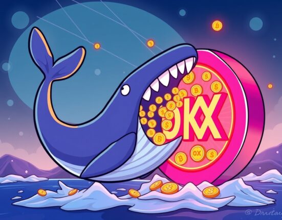Cartoon illustration showing a crypto whale making a massive OKB transfer to the OKX exchange, signifying a significant market event.