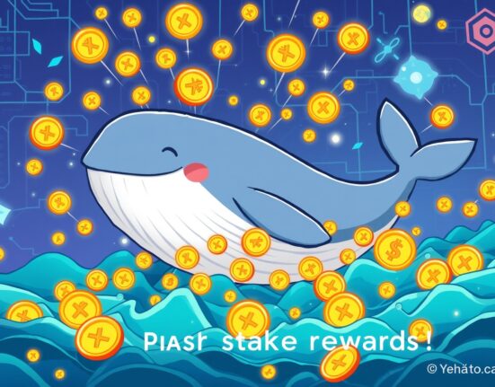 A cartoon whale swimming through digital coins, symbolizing the massive Plasma staking rewards earned by a crypto investor.