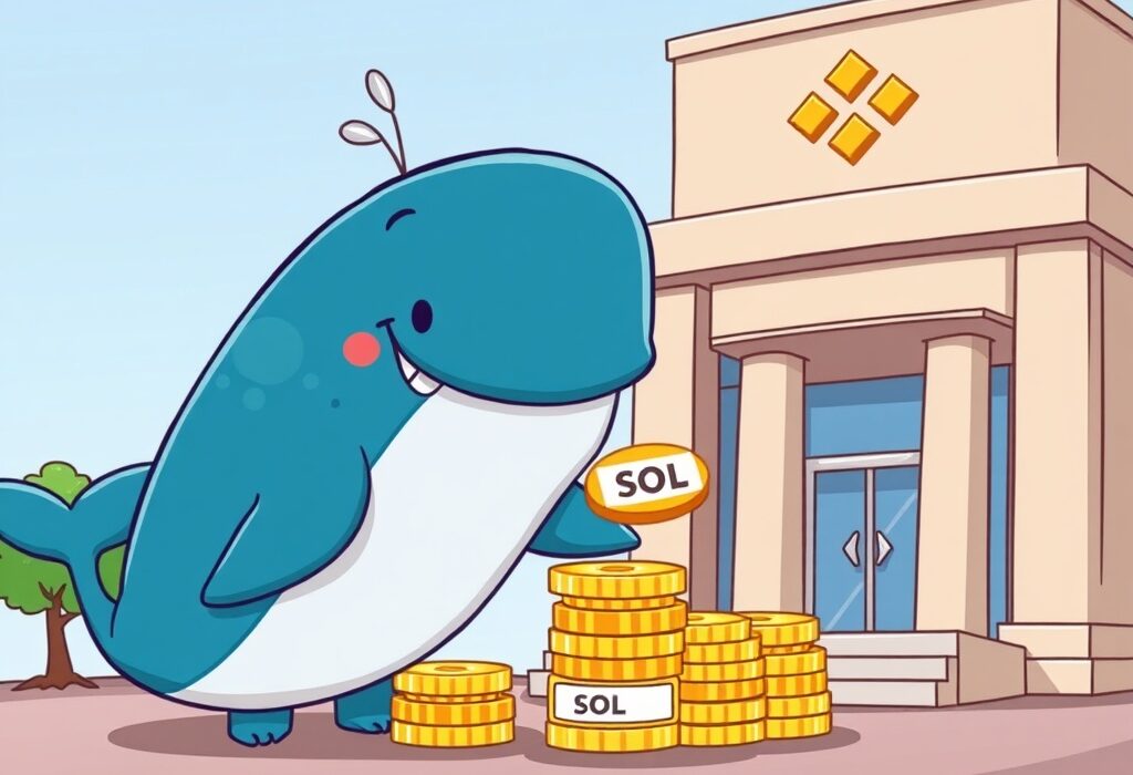 Cartoon whale illustrating a significant SOL transfer of Solana tokens to the Binance exchange, impacting the crypto market.