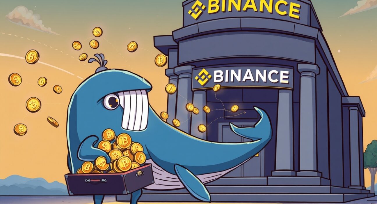 A cartoon whale discreetly moving a massive SOL transfer to Binance, signaling a significant market event.