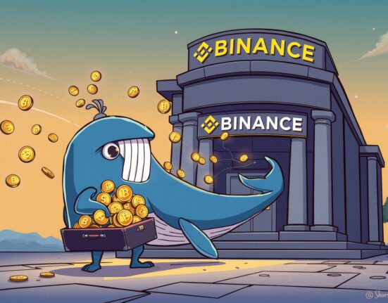 Cartoon illustration depicting a large SOL transfer from a whale to Binance, symbolizing significant crypto market activity.