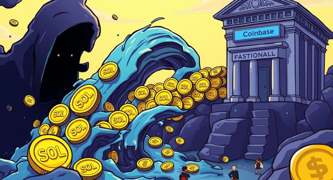 Cartoon showing a massive SOL transfer, illustrating $361M Solana moving into Coinbase Institutional, hinting at market impact.