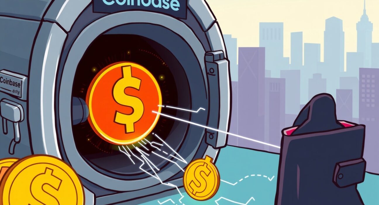 Cartoon illustration showing a significant SOL transfer from Coinbase Institutional to an unknown wallet, highlighting market speculation.