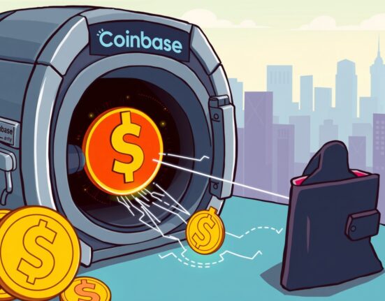 Cartoon illustration showing a significant SOL transfer from Coinbase Institutional to an unknown wallet, highlighting market speculation.