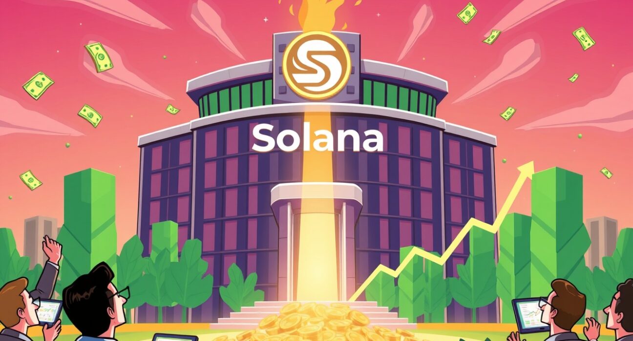 Cartoon depicting massive investment flowing into a Solana ETF fund, symbolizing its predicted $5B growth.