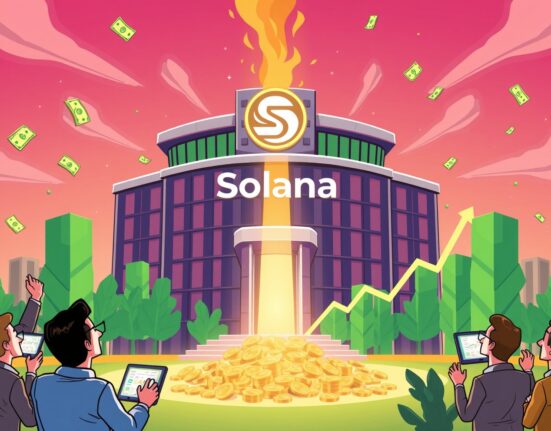 Cartoon depicting massive investment flowing into a Solana ETF fund, symbolizing its predicted $5B growth.