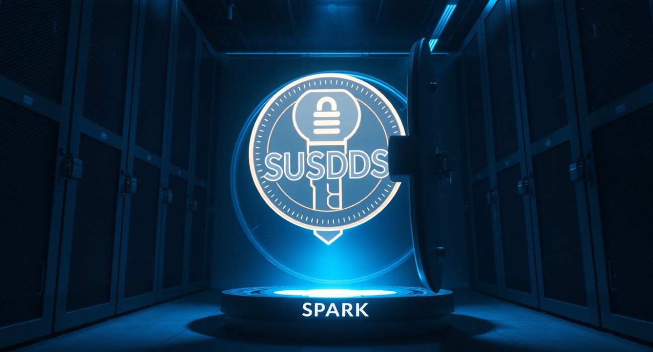Illustration of a large SUSDS coin being deposited into a Spark protocol vault, representing a $212 million transfer.