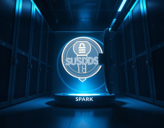 Illustration of a large SUSDS coin being deposited into a Spark protocol vault, representing a $212 million transfer.