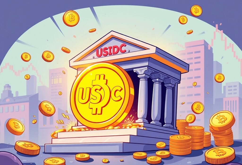A cartoon illustration of a large USDC coin being minted from a treasury, symbolizing the significant USDC minted event and its impact on the crypto market.