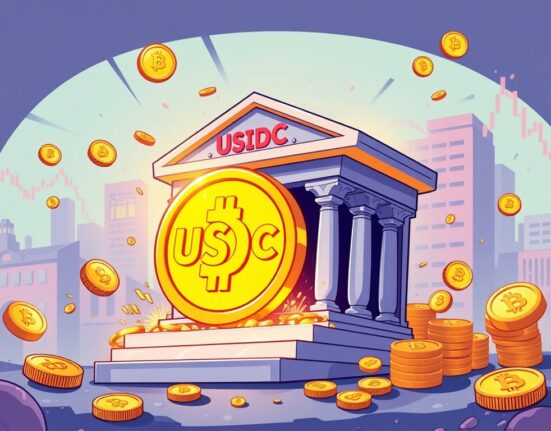 A cartoon illustration of a large USDC coin being minted from a treasury, symbolizing the significant USDC minted event and its impact on the crypto market.
