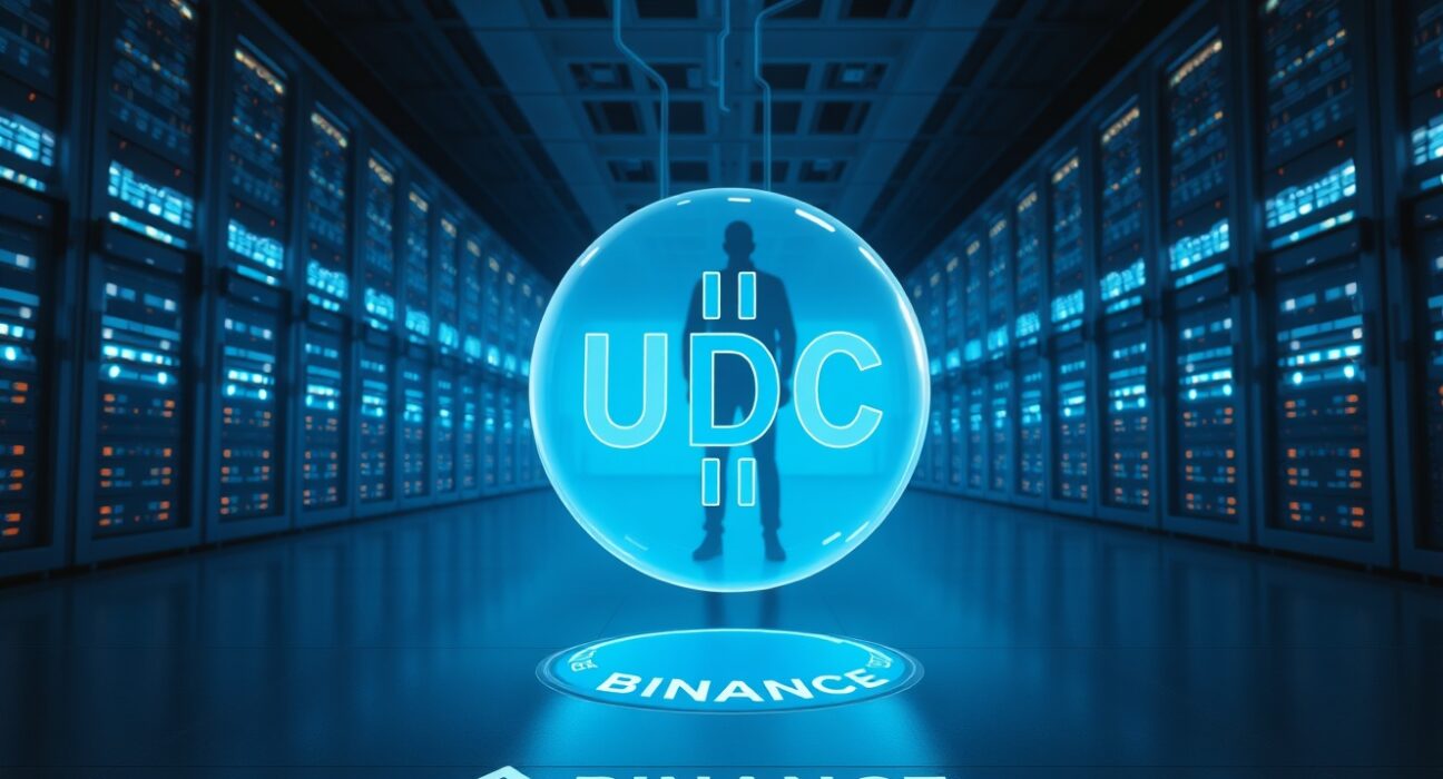 Massive USDC transfer of 270 million coins to Binance exchange, depicted as a digital sphere in a data center.