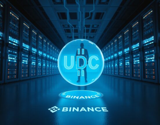 Massive USDC transfer of 270 million coins to Binance exchange, depicted as a digital sphere in a data center.