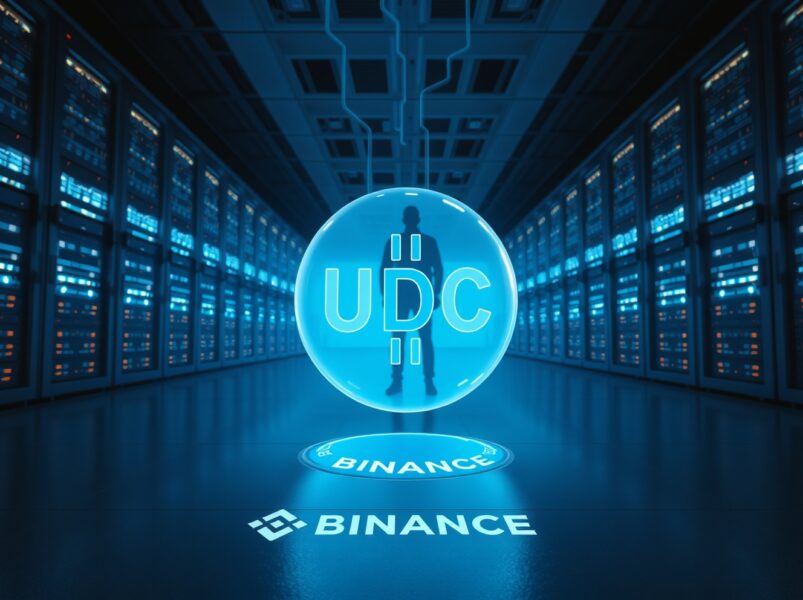 Massive USDC transfer of 270 million coins to Binance exchange, depicted as a digital sphere in a data center.
