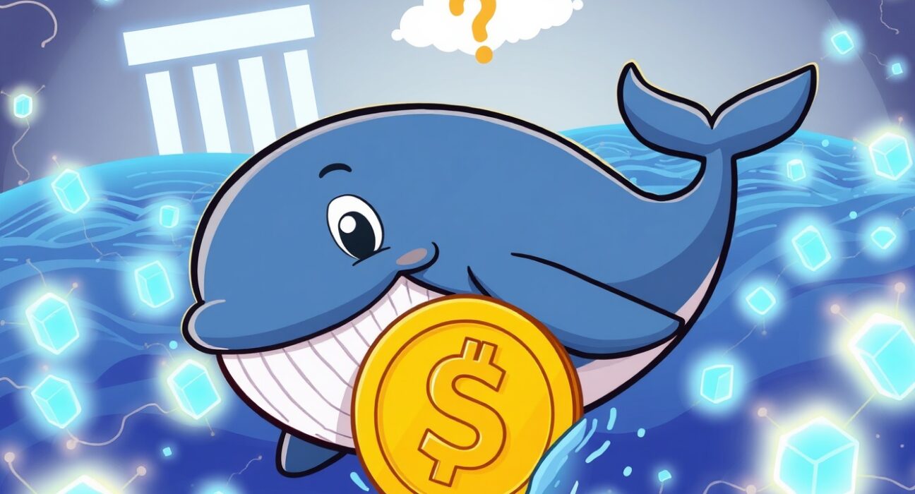 A cartoon whale carrying a giant USDC coin in a vibrant digital ocean, symbolizing a major cryptocurrency transfer.