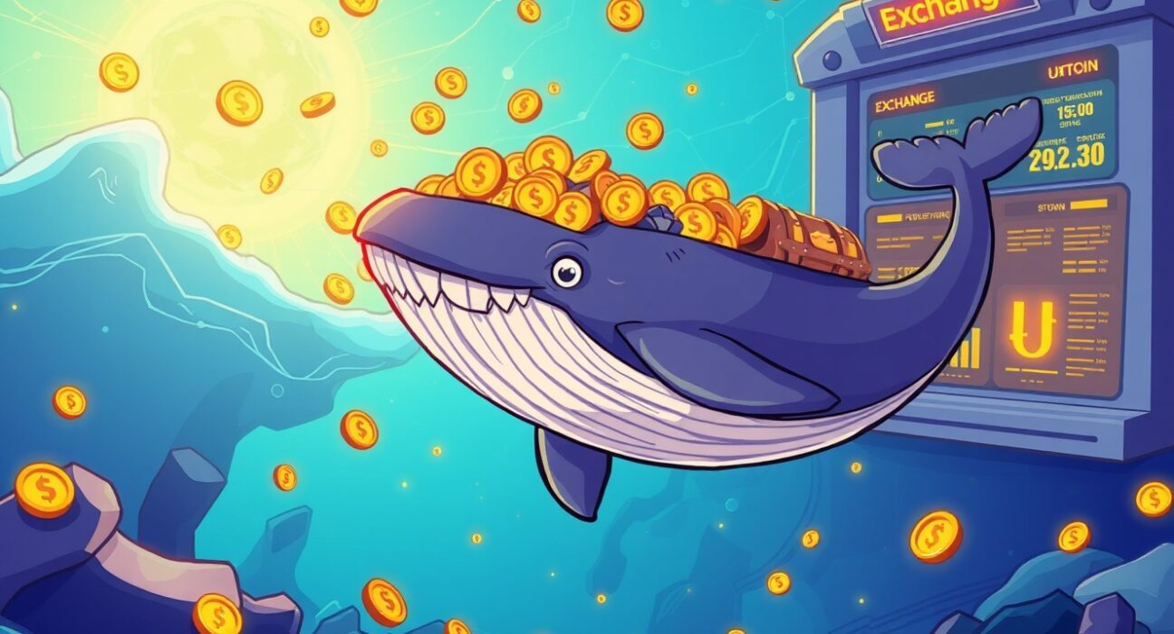 Cartoon whale making a massive USDC transfer to cryptocurrency exchange Deribit