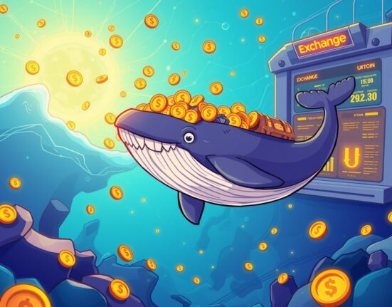 Cartoon whale making a massive USDC transfer to cryptocurrency exchange Deribit