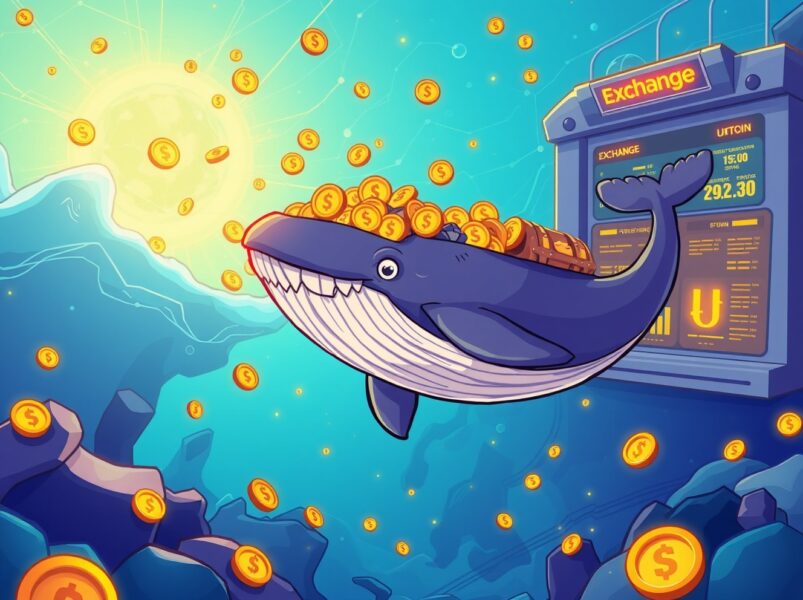 Cartoon whale making a massive USDC transfer to cryptocurrency exchange Deribit