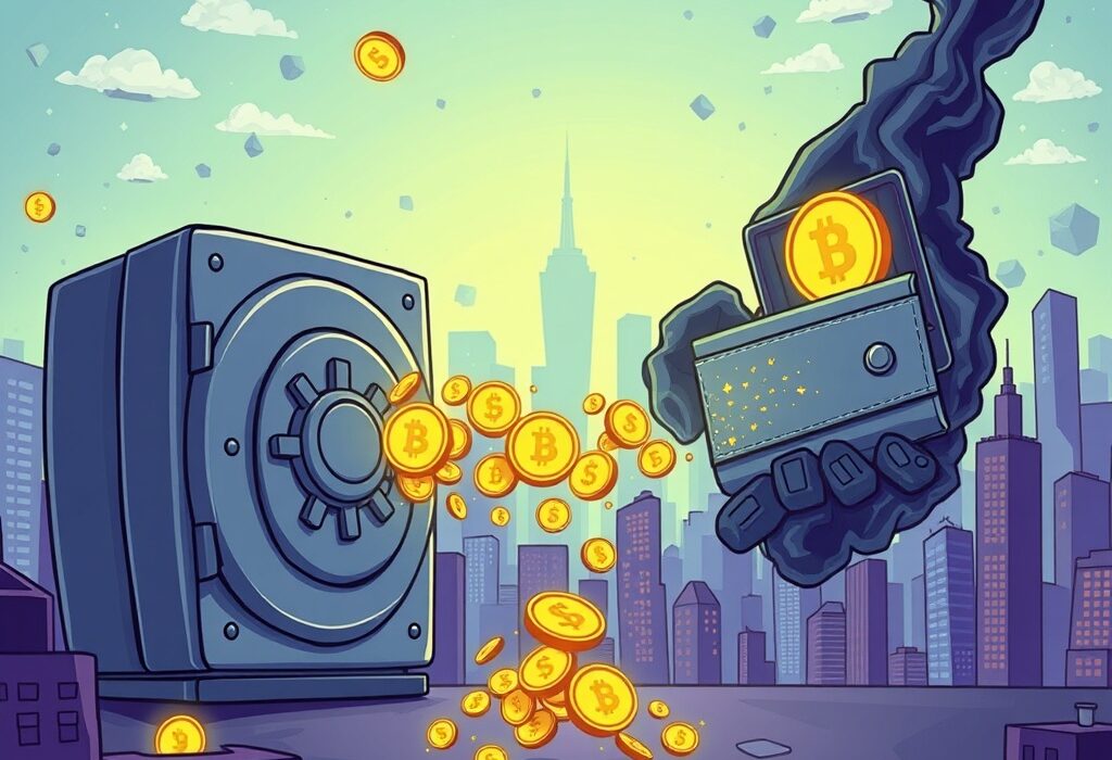 A cartoon illustration showing a large USDC transfer from a secure institutional vault to an enigmatic, unknown digital wallet, highlighting the scale of the transaction.