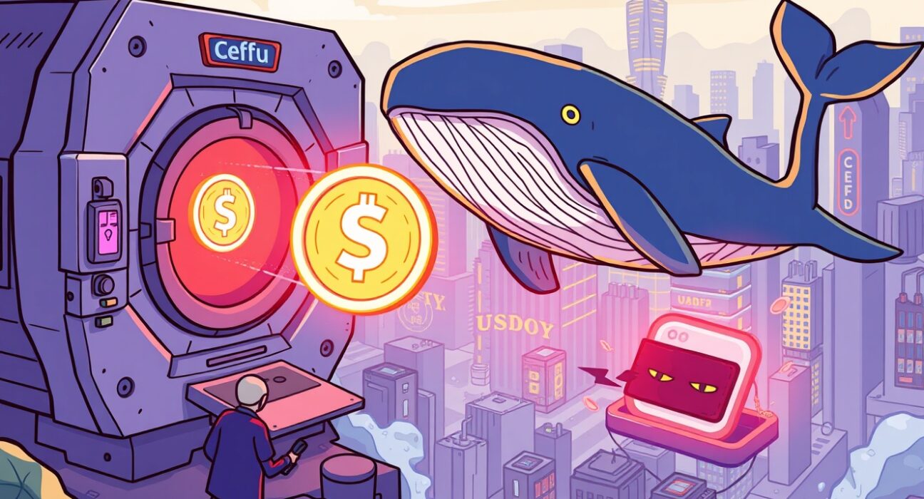 A cartoon whale facilitating a massive USDC transfer from a secure platform to an unknown digital wallet, highlighting significant crypto movement.