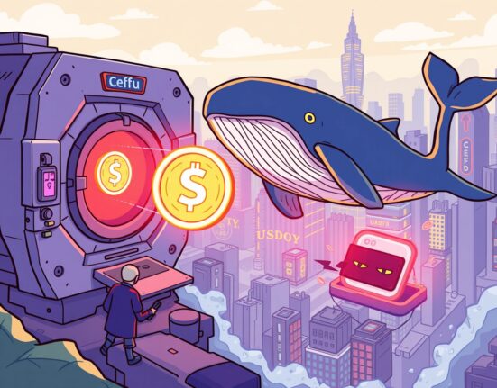A cartoon whale facilitating a massive USDC transfer from a secure platform to an unknown digital wallet, highlighting significant crypto movement.