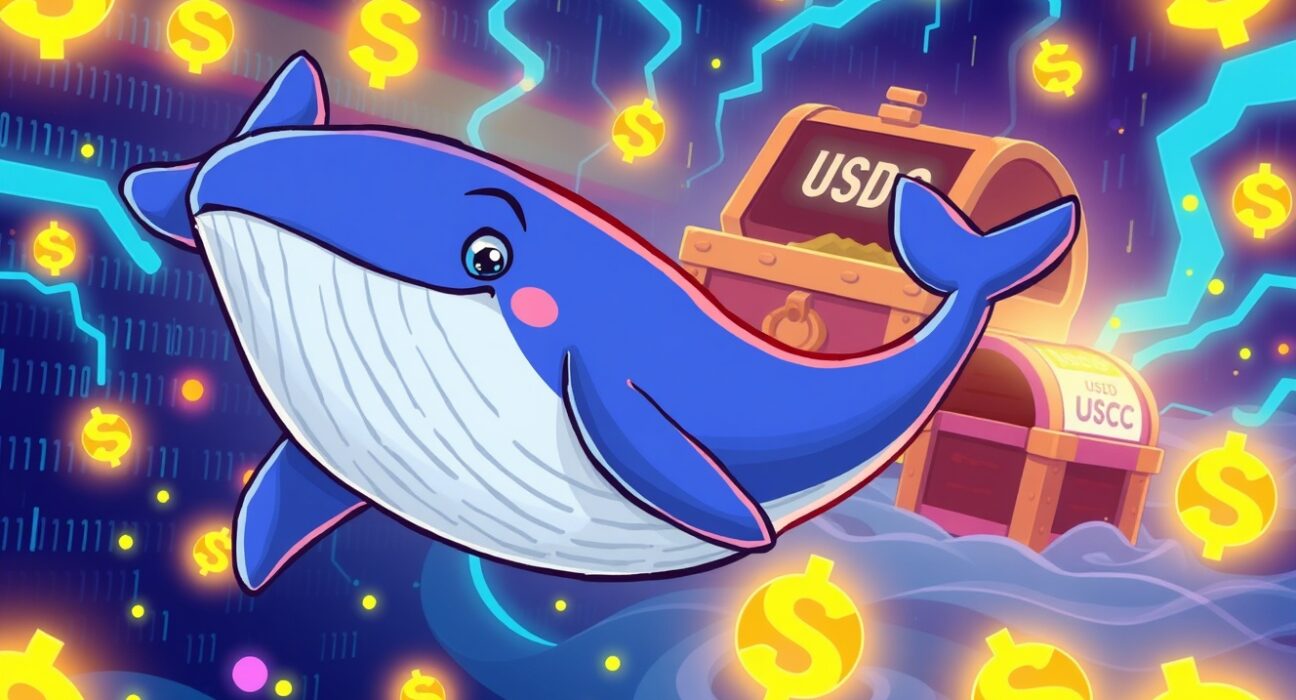 A cartoon whale symbolizing a large USDC transfer moving through a vibrant blockchain network ocean.