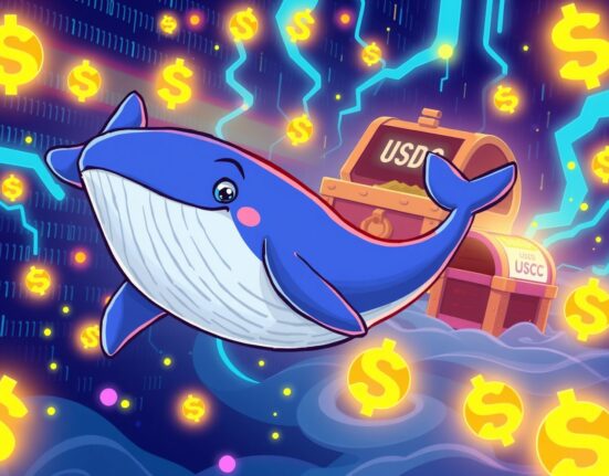A cartoon whale symbolizing a large USDC transfer moving through a vibrant blockchain network ocean.