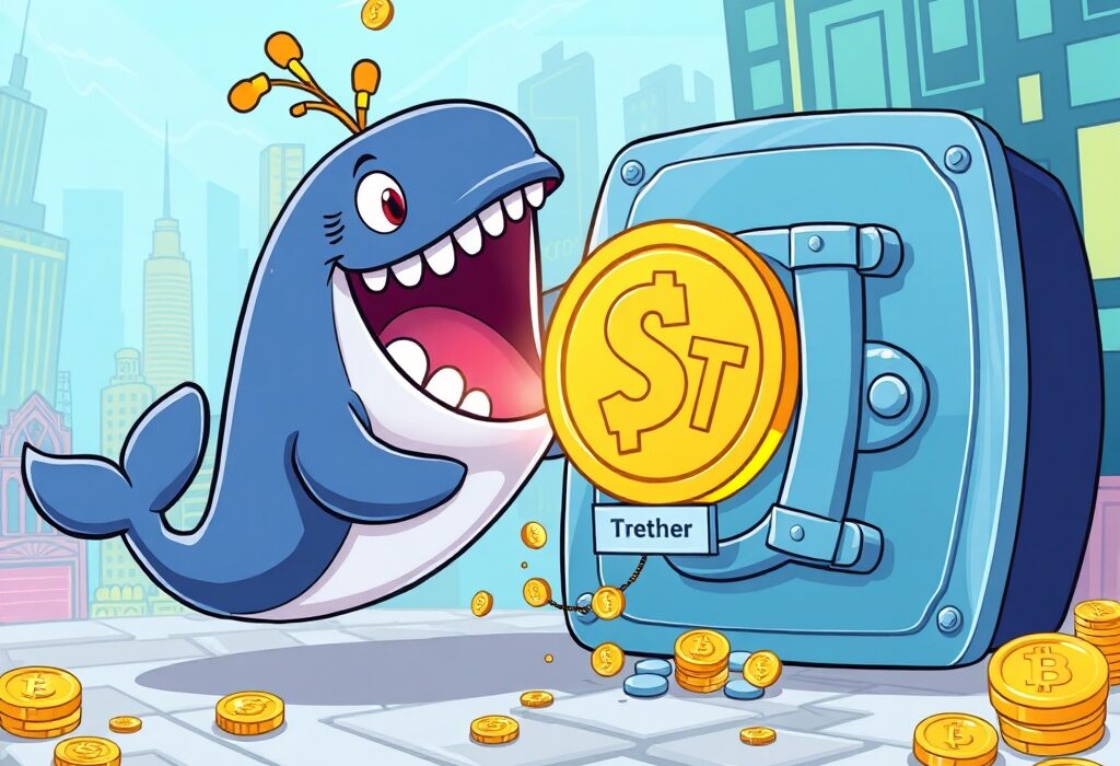 A cartoon whale pushing a large USDT minted coin from a Tether treasury, illustrating the significant issuance and its market impact.