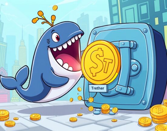 A cartoon whale pushing a large USDT minted coin from a Tether treasury, illustrating the significant issuance and its market impact.