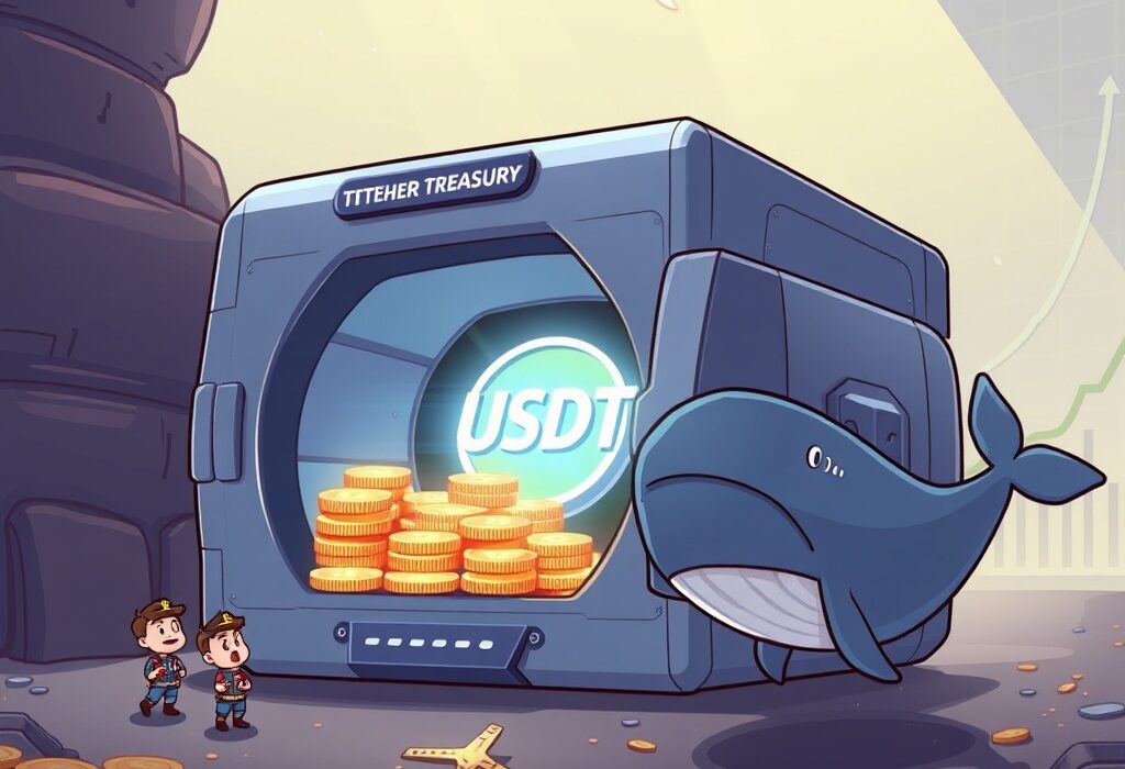 Cartoon illustration of massive USDT minting at Tether Treasury, symbolizing increased crypto market liquidity and potential investor impact.