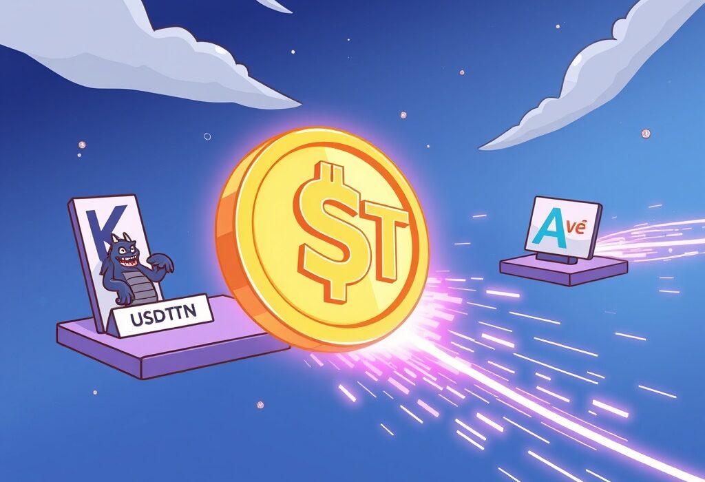 A cartoon illustration showing a large USDT transfer moving from a Kraken-like platform to an Aave-like platform, indicating a significant crypto whale movement.