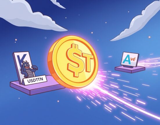 A cartoon illustration showing a large USDT transfer moving from a Kraken-like platform to an Aave-like platform, indicating a significant crypto whale movement.