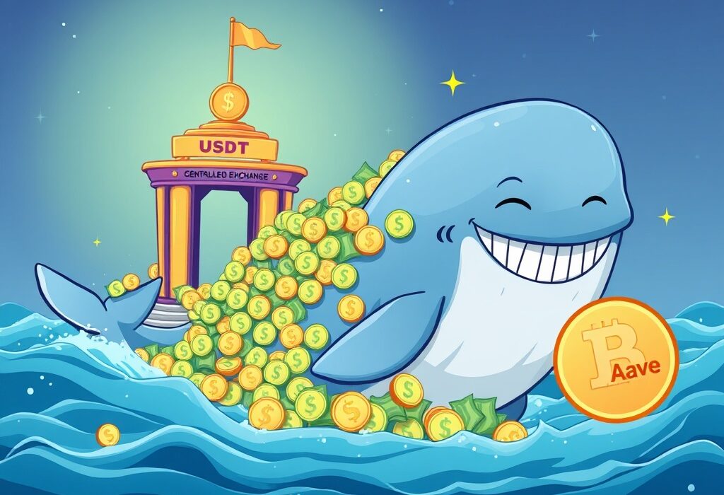 Cartoon illustration of a crypto whale moving a massive USDT transfer from HTX to Aave, symbolizing significant market activity.