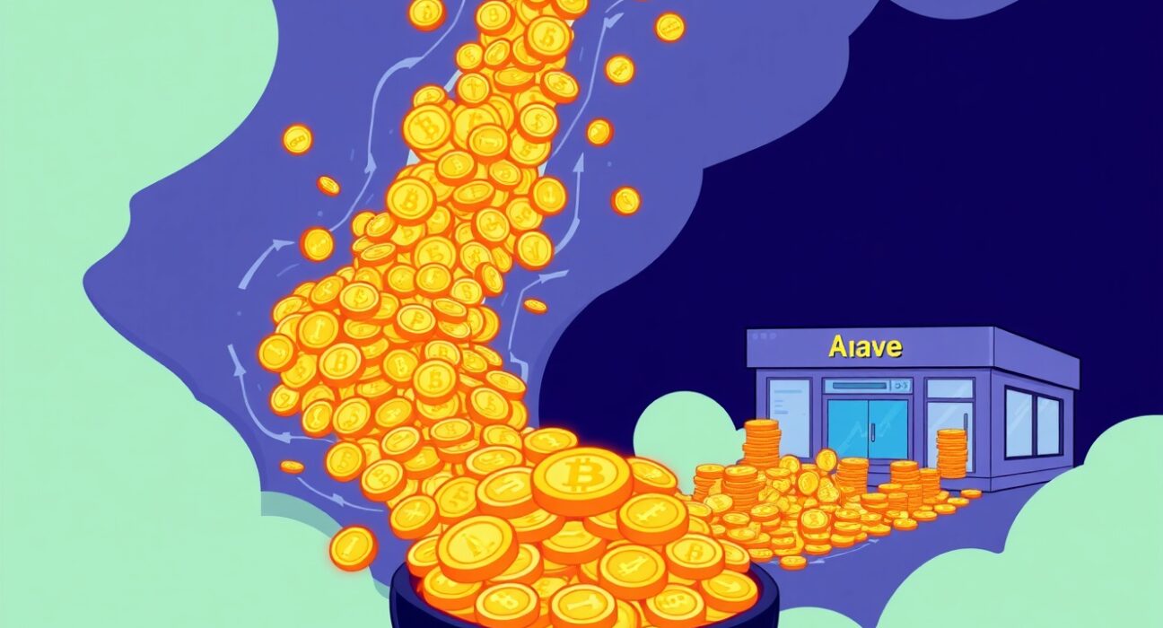 Cartoon illustration of a large USDT transfer from HTX to Aave, symbolizing significant capital movement in DeFi.