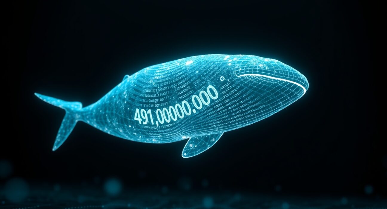 Digital whale symbolizing a $491 million USDT transaction moving through a blockchain network